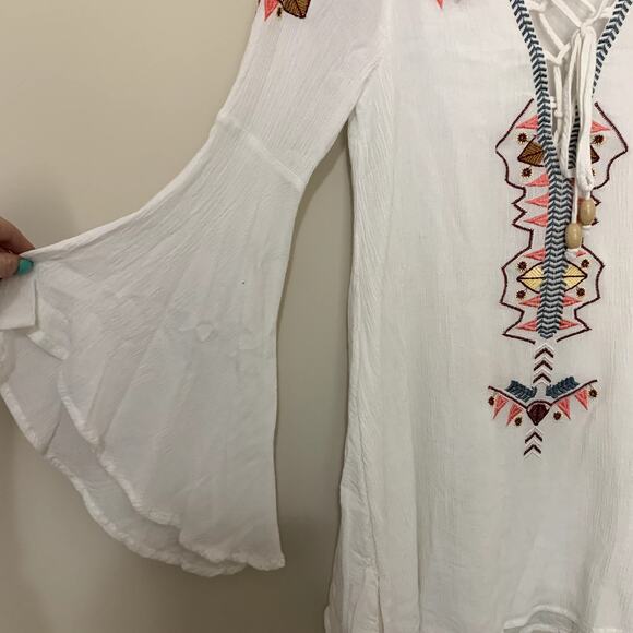 Lulu's white embroidered long-sleeve tie-front mini dress size XS - Picture 2 of 10